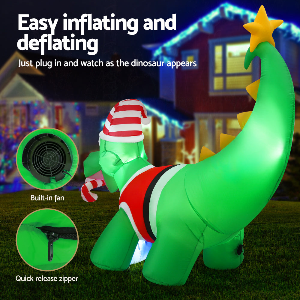 Jingle Jollys Christmas Inflatable Dinosaur 1.86M Height LED Decorations Illuminated XMAS-INF-DINO-GR-6FT