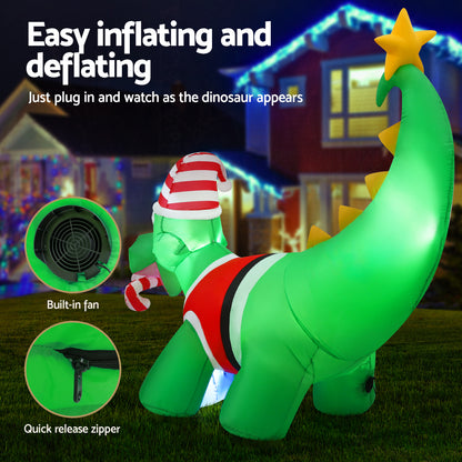 Jingle Jollys Christmas Inflatable Dinosaur 1.86M Height LED Decorations Illuminated XMAS-INF-DINO-GR-6FT