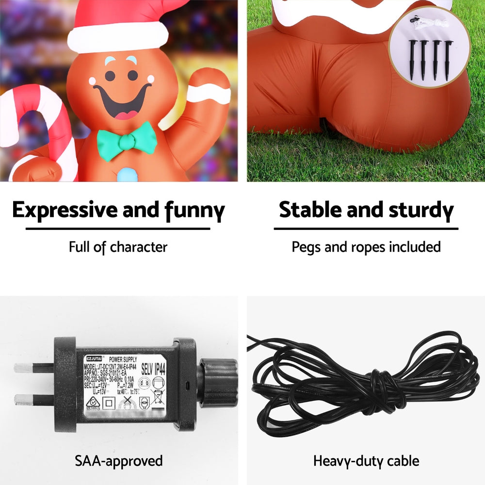 Jingle Jollys Christmas Inflatable Gingerbread Man 1.5M Height LED Decorations Illuminated XMAS-INF-GINGER-CANDY-5FT