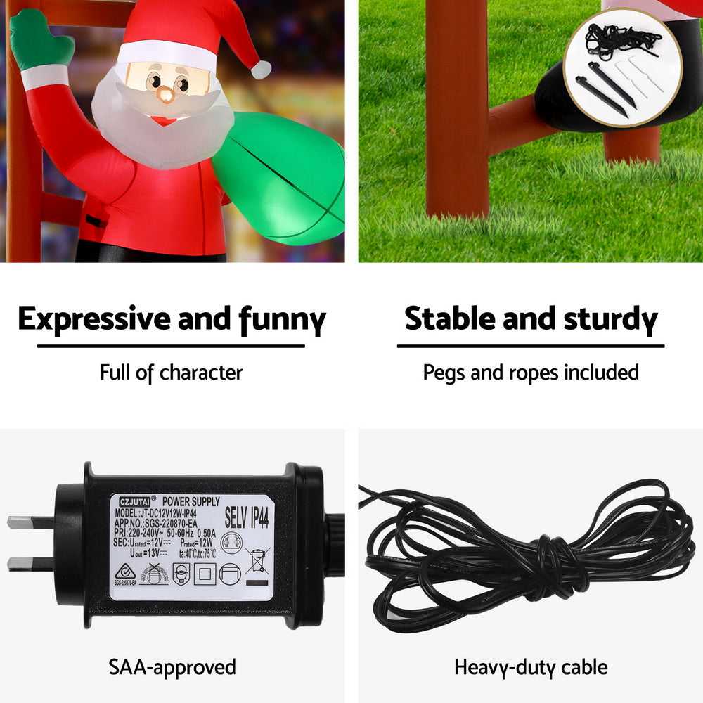 Jingle Jollys Christmas Inflatable Santa Climbing Ladder 2.45M Height LED Decorations Illuminated XMAS-INF-SAN-LAD-8FT