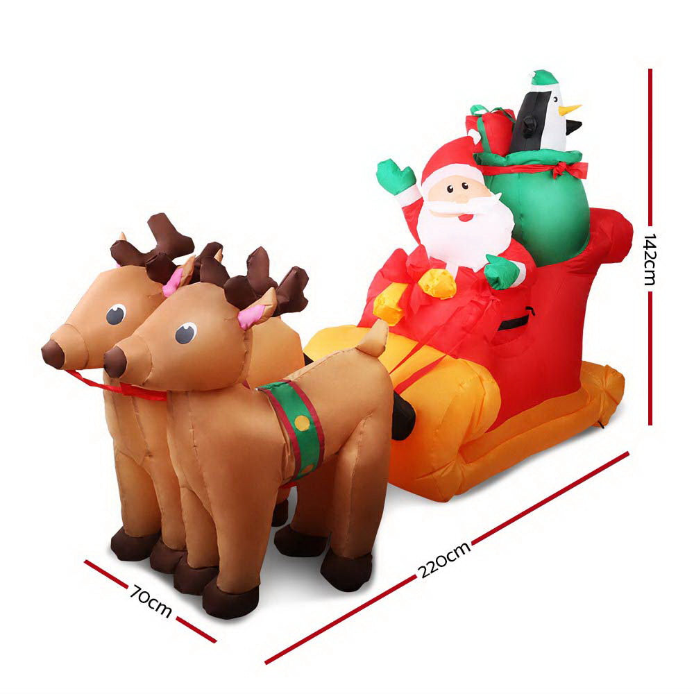 Jingle Jollys Christmas Inflatable Santa Sleigh 2.2M Illuminated Decorations XMAS-INF-SAN-REIN-7FT