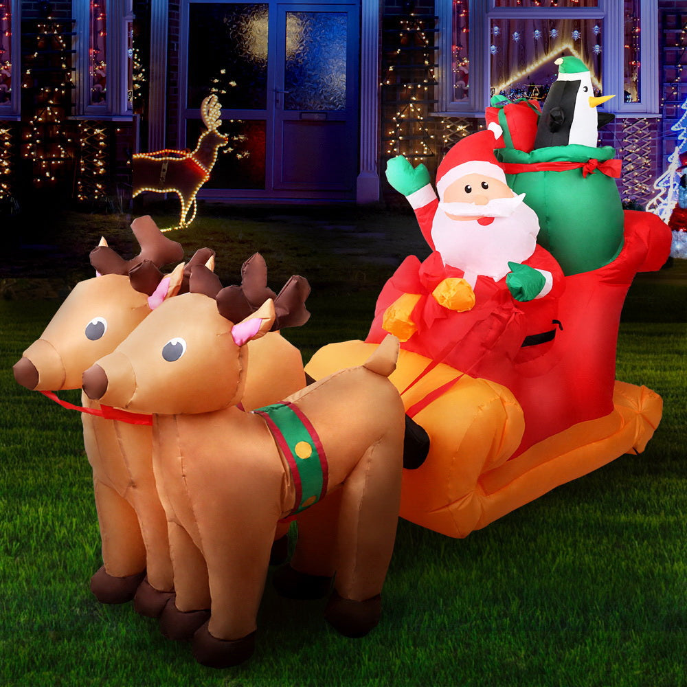 Jingle Jollys Christmas Inflatable Santa Sleigh 2.2M Illuminated Decorations XMAS-INF-SAN-REIN-7FT