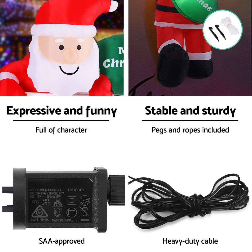 Jingle Jollys Christmas Inflatable Climbing Santa 2.5M Height LED Decorations Illuminated XMAS-INF-SANTA-CLIMB-8FT