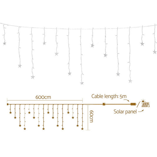 160 LED 6M Christmas Lights Icicle Light Solar Warm Jingle Jollys XMAS-LED-160-IC-STAR-WARM