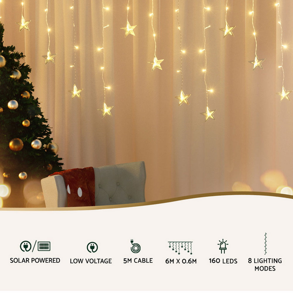 160 LED 6M Christmas Lights Icicle Light Solar Warm Jingle Jollys XMAS-LED-160-IC-STAR-WARM