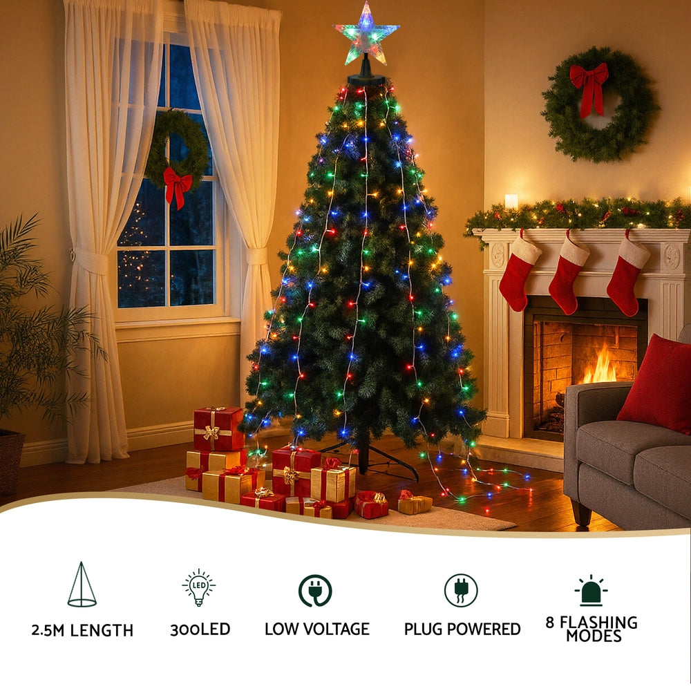Jingle Jollys 2.5M Christmas Lights Waterfall String Light 300 LED Star Topper XMAS-MOT-TOPPER-MC