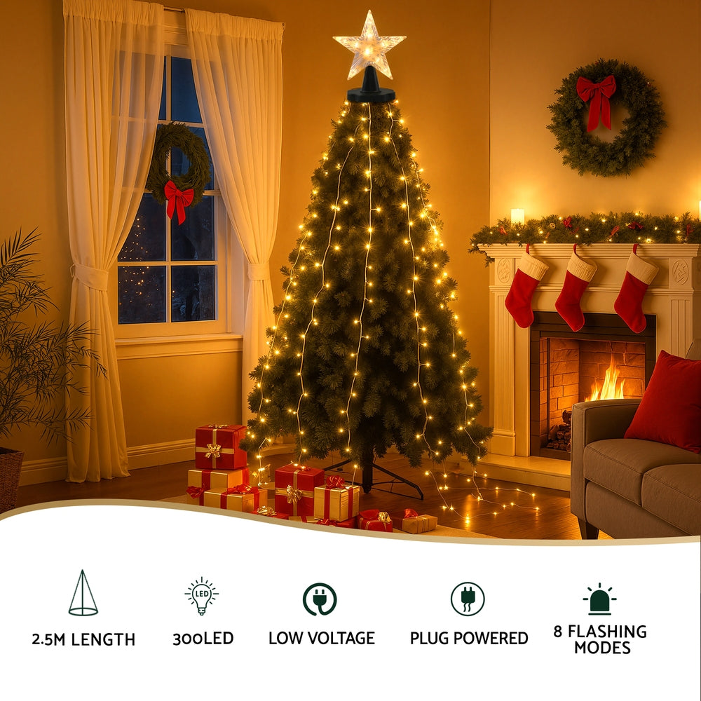 Jingle Jollys 2.5M Christmas Lights Waterfall String Light 300 LED Star Topper XMAS-MOT-TOPPER-WM
