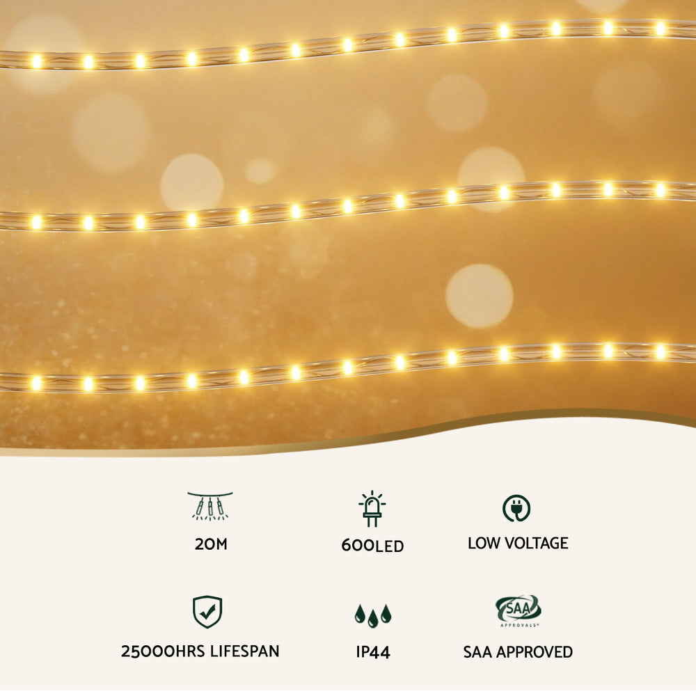 20M Christmas Lights String Rope Light Decorations 600 LED Warm Jingle Jollys XMAS-ROPE-20M-600LED-WM