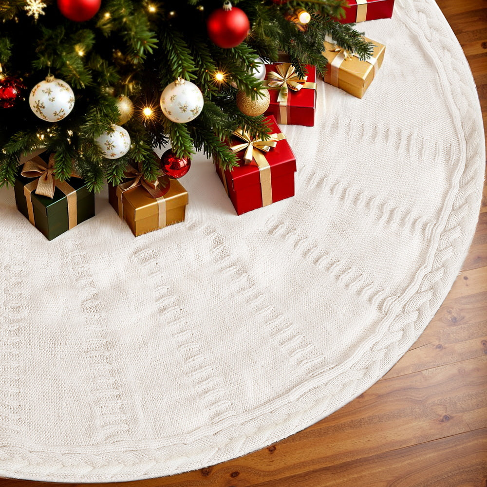 Jingle Jollys Christmas Tree Skirt 120cm Knitted Xmas Tree Ornaments Decor Beige XMAS-SKIRT-KNIT-BG-120