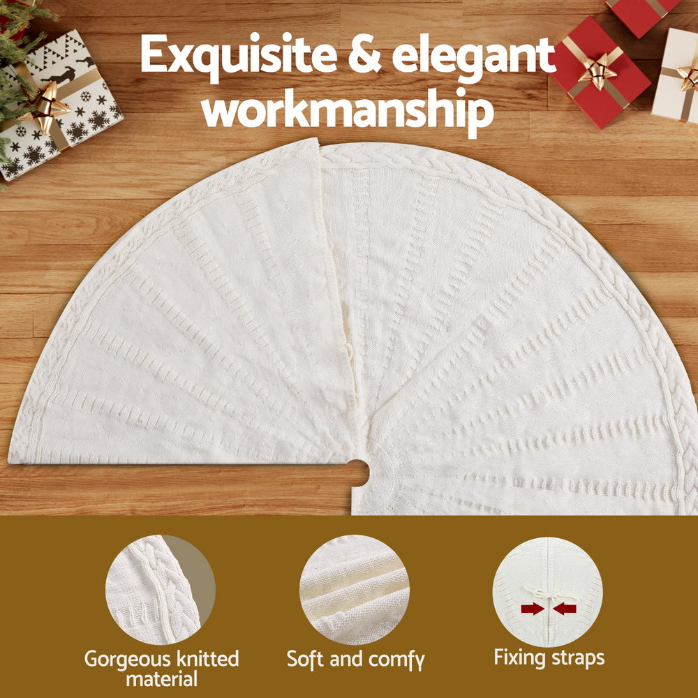 Jingle Jollys Christmas Tree Skirt 90cm Knitted Fabric Xmas Ornament Decor Beige XMAS-SKIRT-KNIT-BG-90