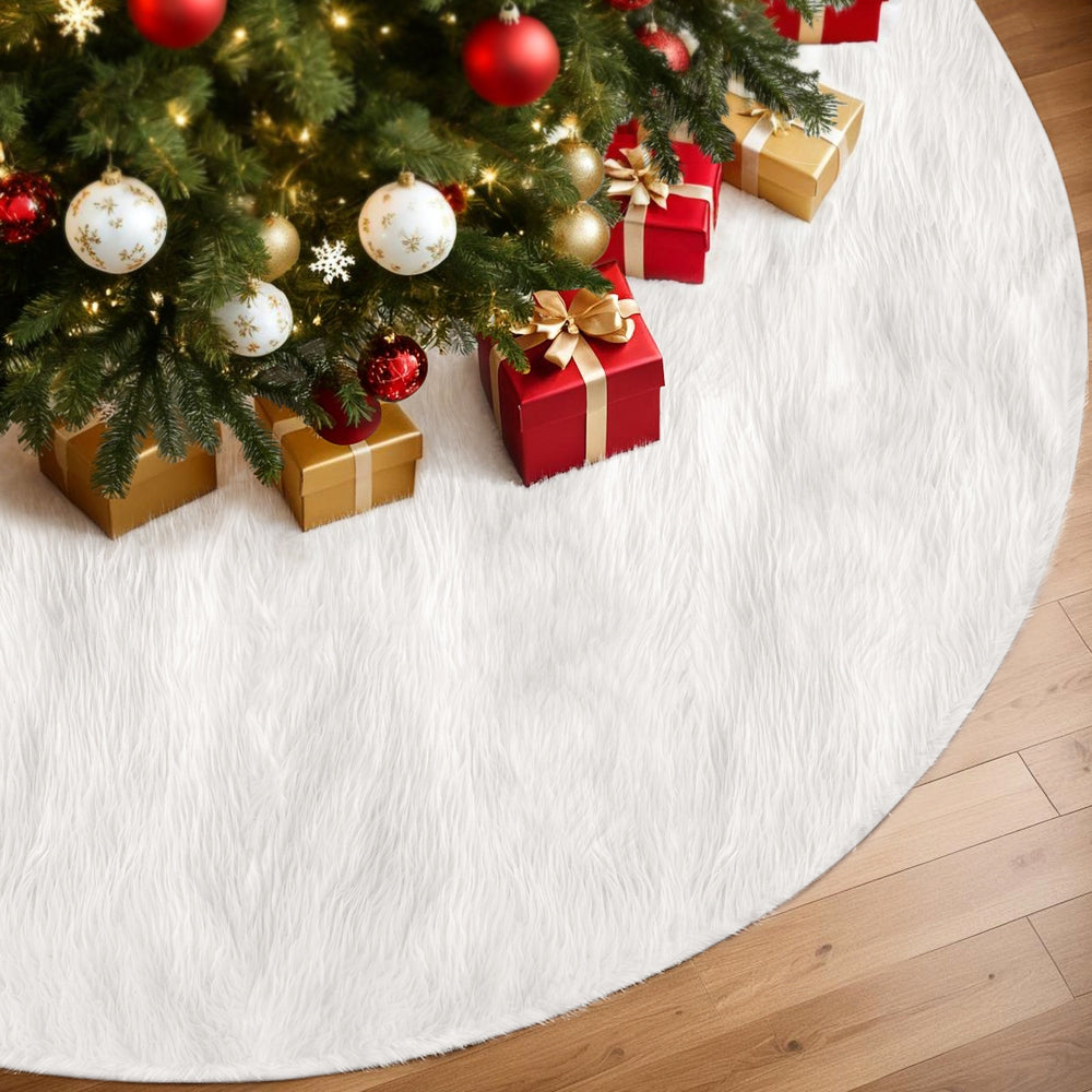 Jingle Jollys Christmas Tree Skirt 90cm Plush Xmas Fluffy Ornaments Decor White XMAS-SKIRT-PLUSH-WH-90