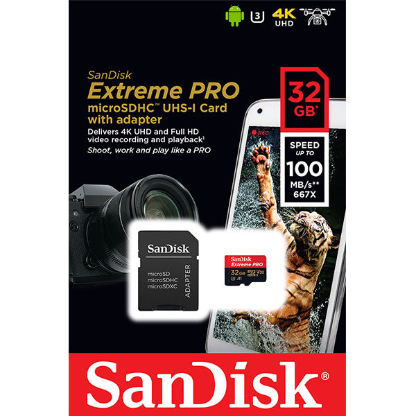 SANDISK SDSQXCG-032G-GN6MA 32GB MICRO SDHC EXTREME PRO 4K , A1 V30, UHS-I/ U3, 100MB/s V28-FFCSAN32GTFQXCG100