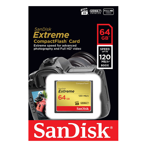 SanDisk 64GB Extreme CompactFlash Card with (write) 85MB/s and (Read)120MB/s - SDCFXSB-64G V28-FFCSAN64GCFEB120