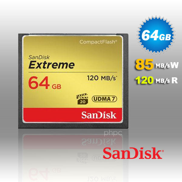SanDisk 64GB Extreme CompactFlash Card with (write) 85MB/s and (Read)120MB/s - SDCFXSB-64G V28-FFCSAN64GCFEB120