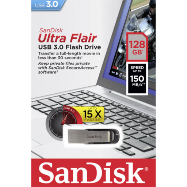 SANDISK 128GB CZ73 ULTRA FLAIR USB 3.0 FLASH DRIVE upto 150MB/s V28-FUSSAN128GCZ73UF3