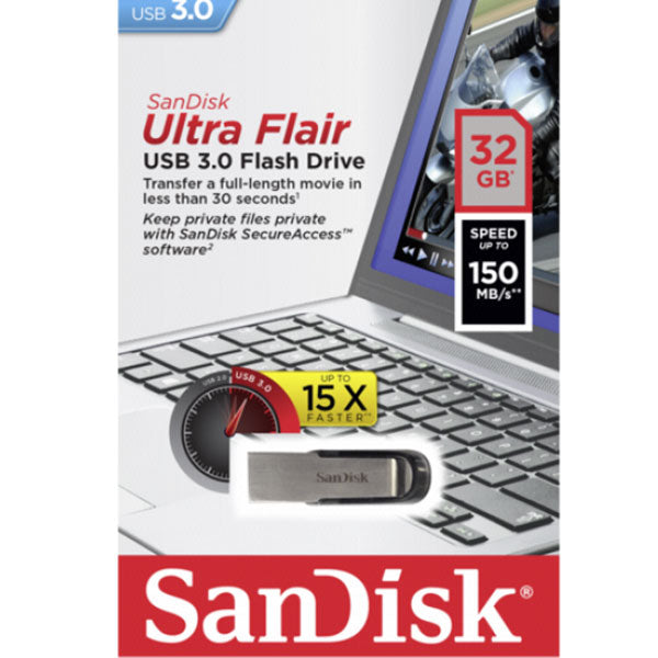 SANDISK 32GB CZ73 ULTRA FLAIR USB 3.0 FLASH DRIVE upto 150MB/s V28-FUSSAN32GCZ73UF3