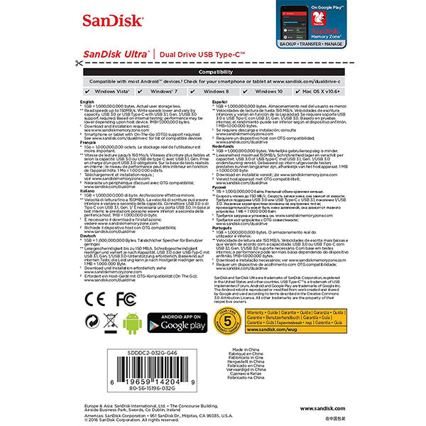 SANDISK ULTRA 32GB SDDDC2-032G Dual USB Drive Type-C 3.1 V28-FUSSAN32GSDDDC2