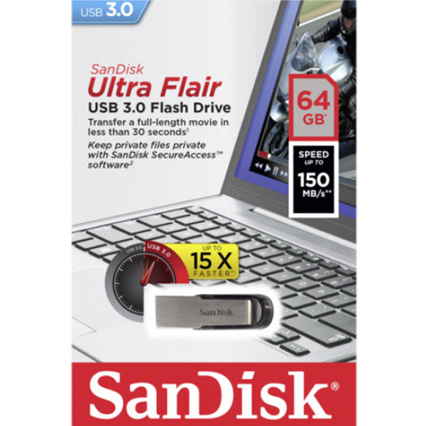 SANDISK 64GB CZ73 ULTRA FLAIR USB 3.0 FLASH DRIVE upto 150MB/s V28-FUSSAN64GCZ73UF3