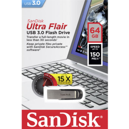 SANDISK 64GB CZ73 ULTRA FLAIR USB 3.0 FLASH DRIVE upto 150MB/s V28-FUSSAN64GCZ73UF3