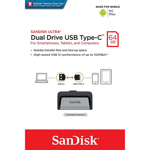 SANDISK ULTRA 64GB SDDDC2-064G Dual USB Drive Type-C 3.1 V28-FUSSAN64GSDDDC2