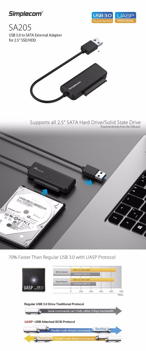 Simplecom SA205 Compact USB 3.0 to SATA Adapter Cable Converter for 2.5" SSD/HDD V28-SA205