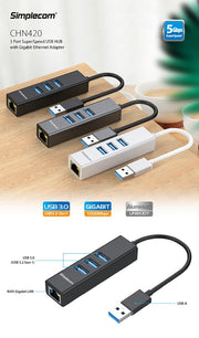 Simplecom CHN420 Aluminium 3 Port SuperSpeed USB HUB with Gigabit Ethernet Adapter Black V28-CHN420-BK