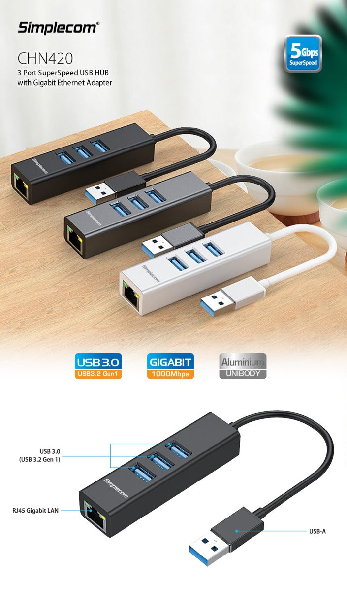 Simplecom CHN420 Aluminium 3 Port SuperSpeed USB HUB with Gigabit Ethernet Adapter Black V28-CHN420-BK