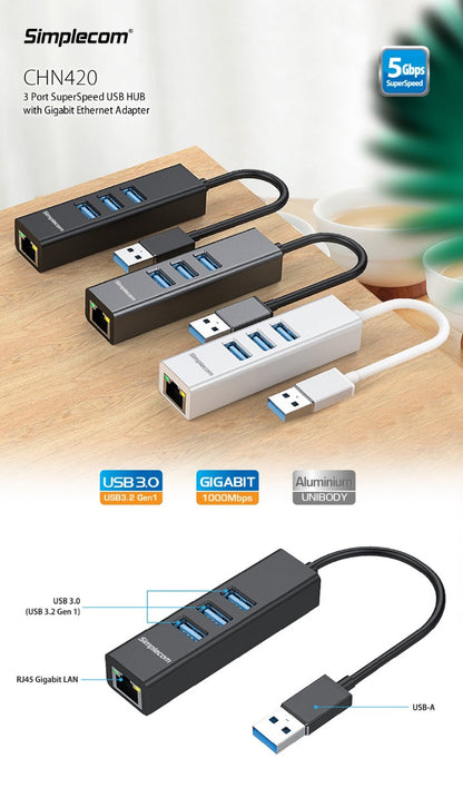 Simplecom CHN420 Aluminium 3 Port SuperSpeed USB HUB with Gigabit Ethernet Adapter Black V28-CHN420-BK