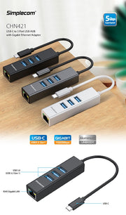 Simplecom CHN421 Aluminium USB-C to 3 Port USB HUB with Gigabit Ethernet Adapter Black V28-CHN421-BK