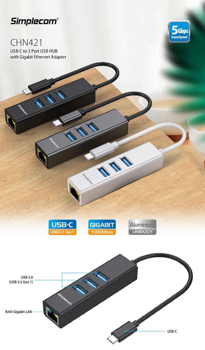 Simplecom CHN421 Aluminium USB-C to 3 Port USB HUB with Gigabit Ethernet Adapter Black V28-CHN421-BK