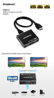 Simplecom CM412 HDMI 2.0 1x2 Splitter 1 IN 2 Out 4K@60Hz HDR10 2 Port HDMI Duplicator V28-CM412