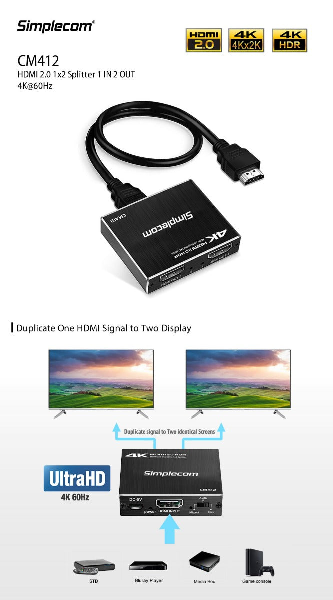 Simplecom CM412 HDMI 2.0 1x2 Splitter 1 IN 2 Out 4K@60Hz HDR10 2 Port HDMI Duplicator V28-CM412