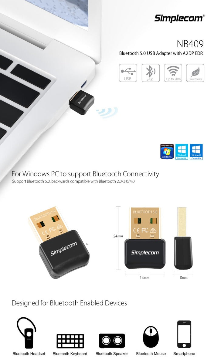 Simplecom NB409 USB Bluetooth 5.0 Adapter Wireless Dongle V28-NB409
