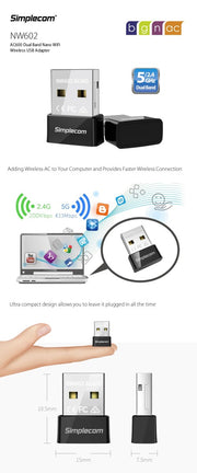 Simplecom NW602 AC600 Dual Band Nano USB WiFi Wireless Adapter V28-NW602