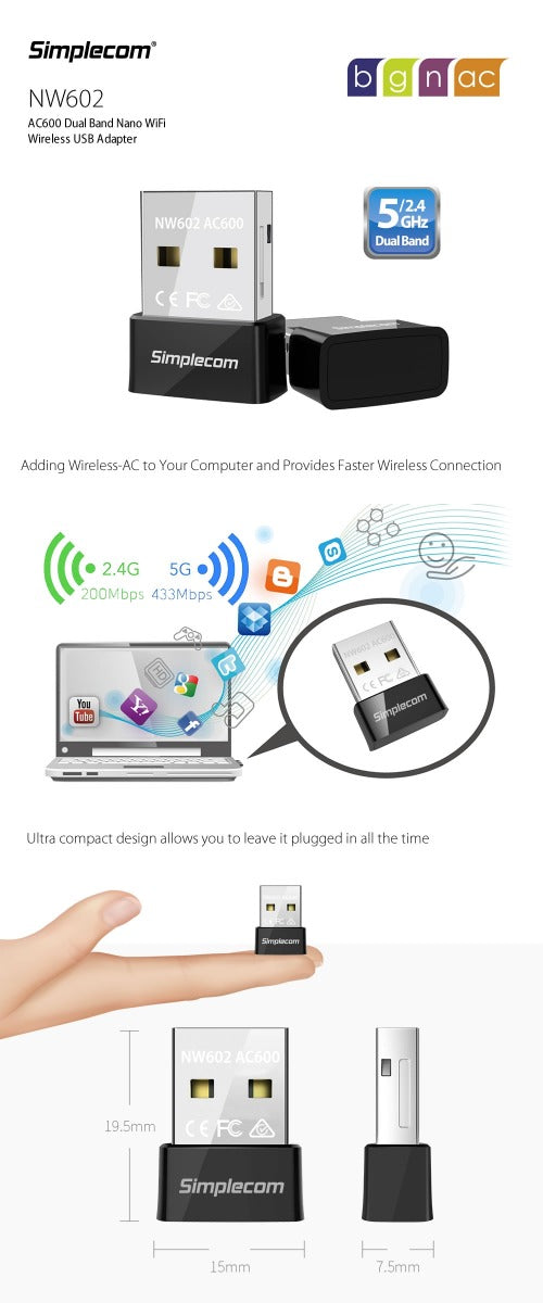 Simplecom NW602 AC600 Dual Band Nano USB WiFi Wireless Adapter V28-NW602