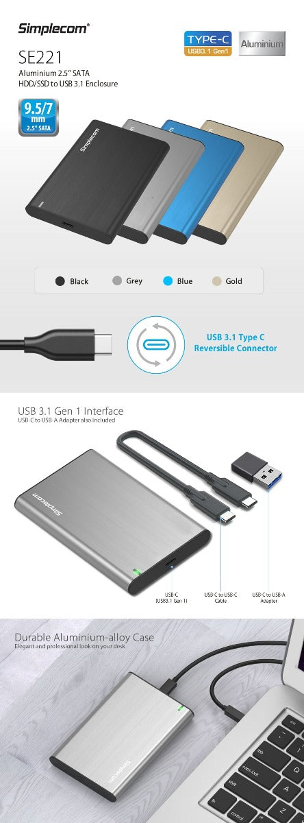 Simplecom SE221 Aluminium 2.5'' SATA HDD/SSD to USB 3.1 Enclosure Black V28-SE221-BK