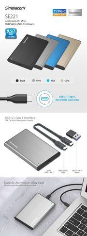 Simplecom SE221 Aluminium 2.5'' SATA HDD/SSD to USB 3.1 Enclosure Blue V28-SE221-BL